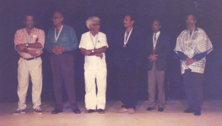  Left to right: Derek Walcott, Martin Carter, George Lamming, Earl Lovelace, Ernest Moutoussamy and Kamau Brathwaite. at Carifesta in Trinidad, 1995 
